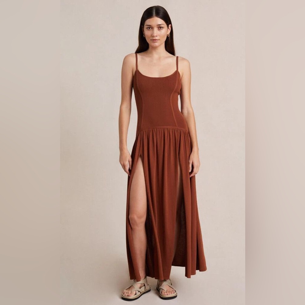 Bec + Bridge Amalia Knit Brown Sleeveless Maxi Dress Dual Slit Drop Waist Size 8